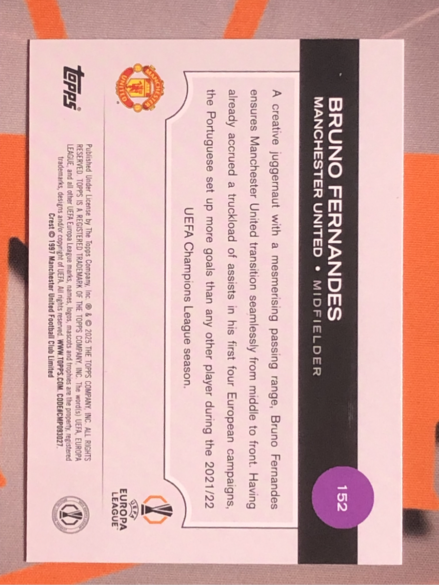 Bruno Fernandes Rare NEW Purple Raindrops REFRACTOR Topps 2025 soccer trading card