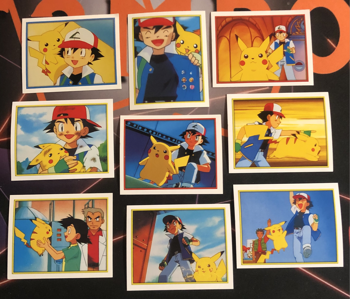 Ash & Pikachu RARE Bundle of 9 Pokemon Topps Merlin stickers Unstuck Near mint condition