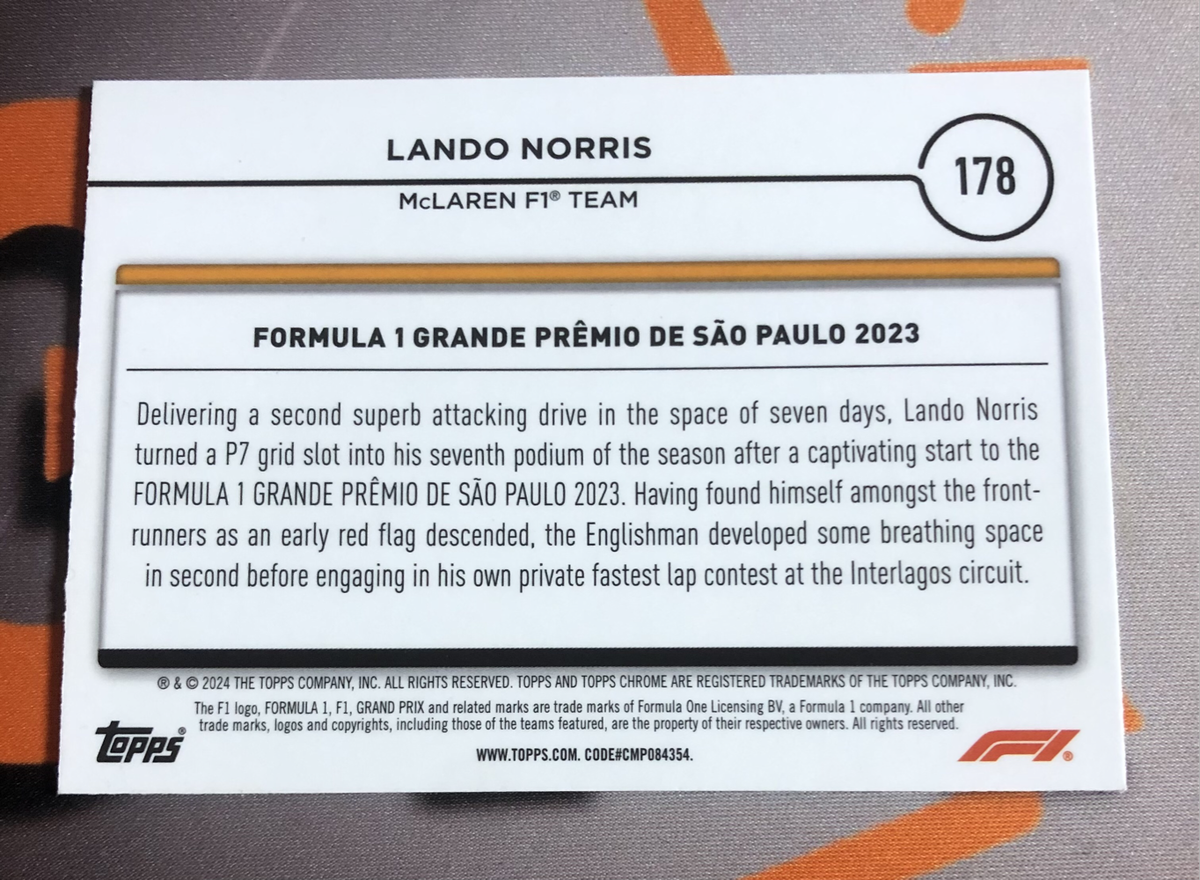 Lando Norris RARE Formula One 2024 F1 Topps Chrome trading card
