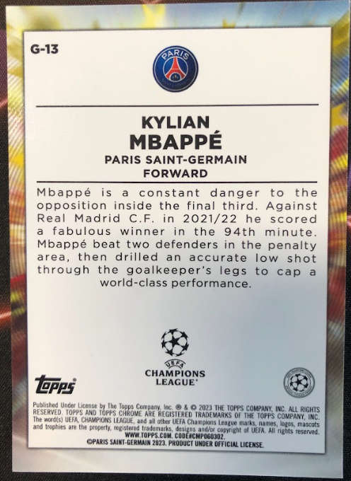 Kylian Mbappe GOLAZO Topps Chrome refractor 2023