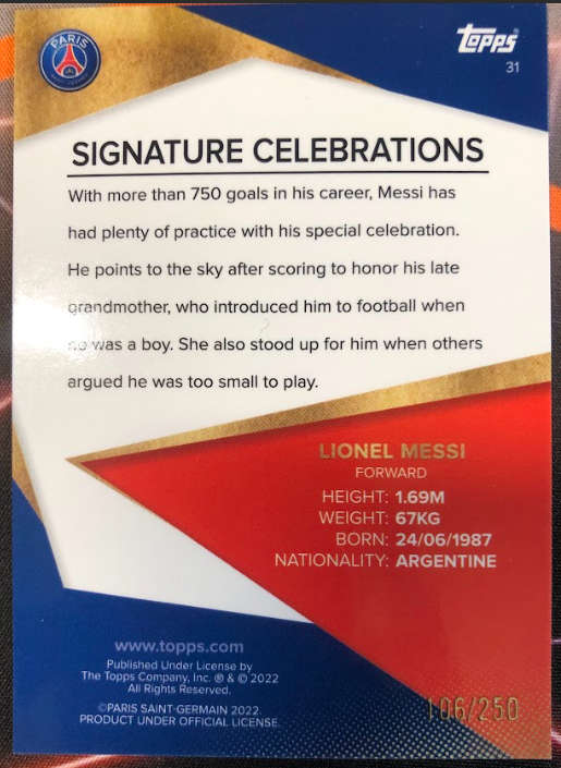 Lionel Messi Signature celebrations PSG Topps team set 2022 (Only 250 in the world)