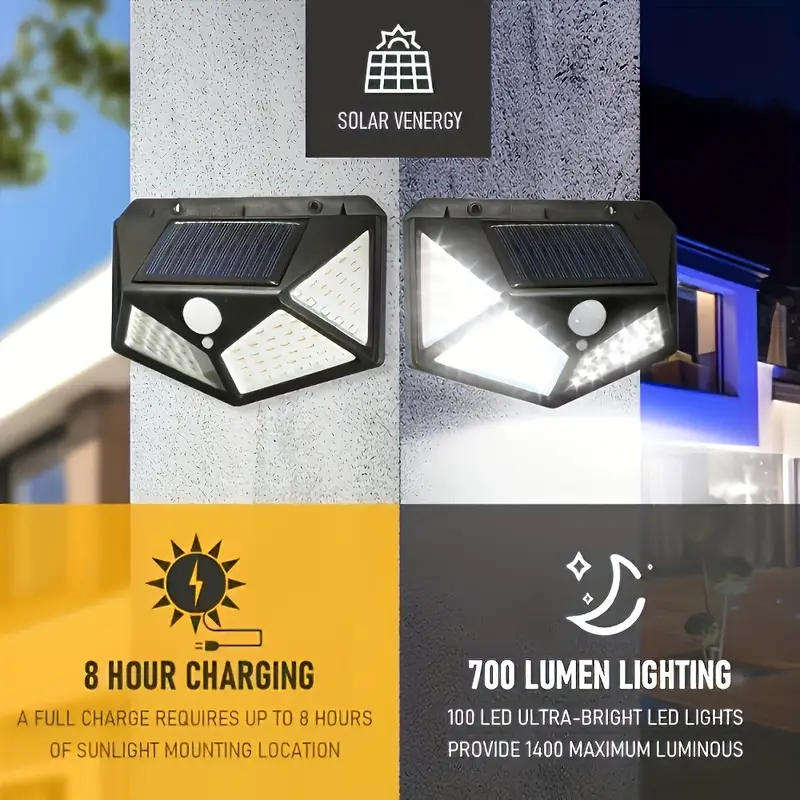 2 x 100 LED Solar Wall Light with Motion Sensor | High Brightness | Auto Brightness