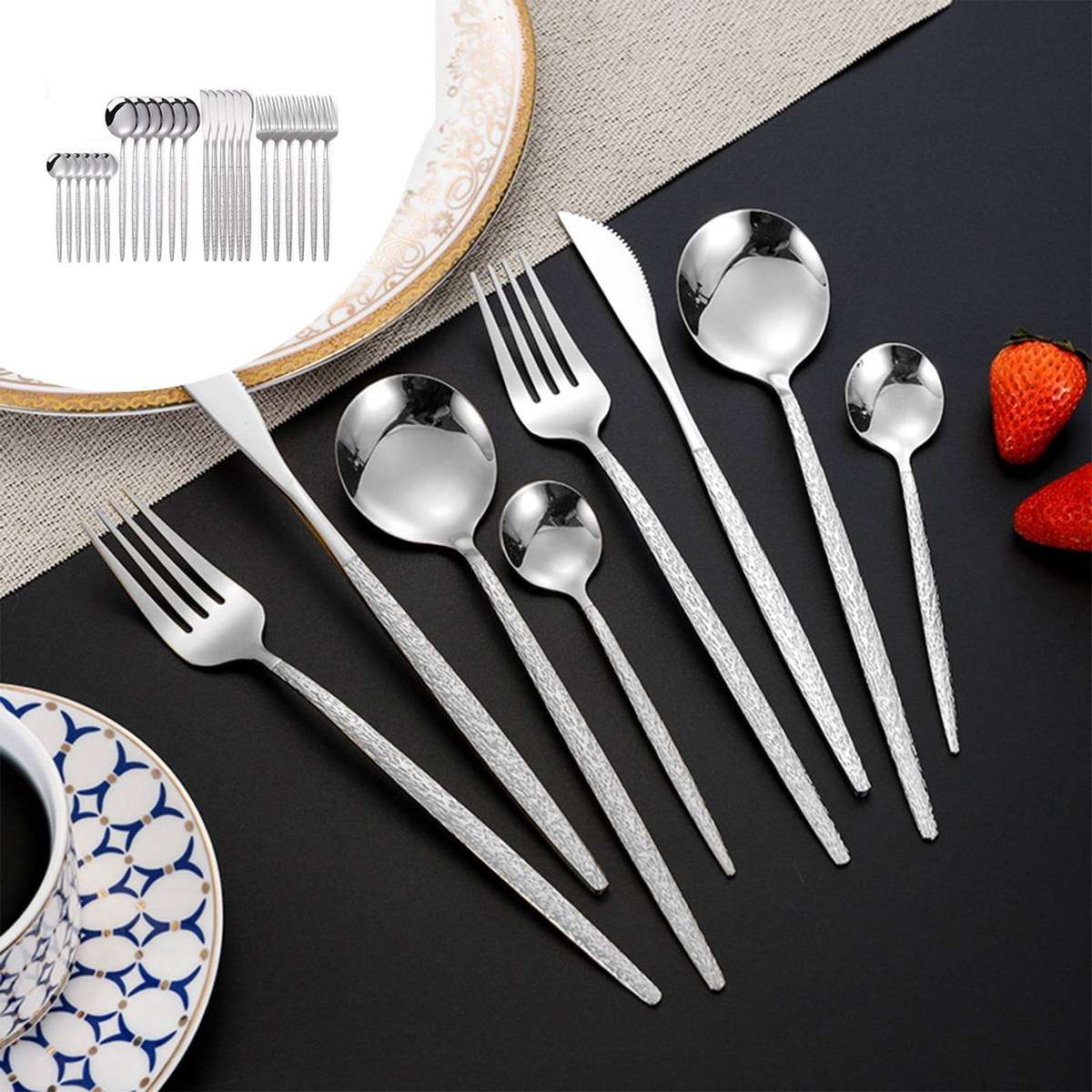 24-Piece Silverware Set | Elegant Portuguese Style | Heavy-Duty Rust-Resistant, 18/8 Stainless Steel