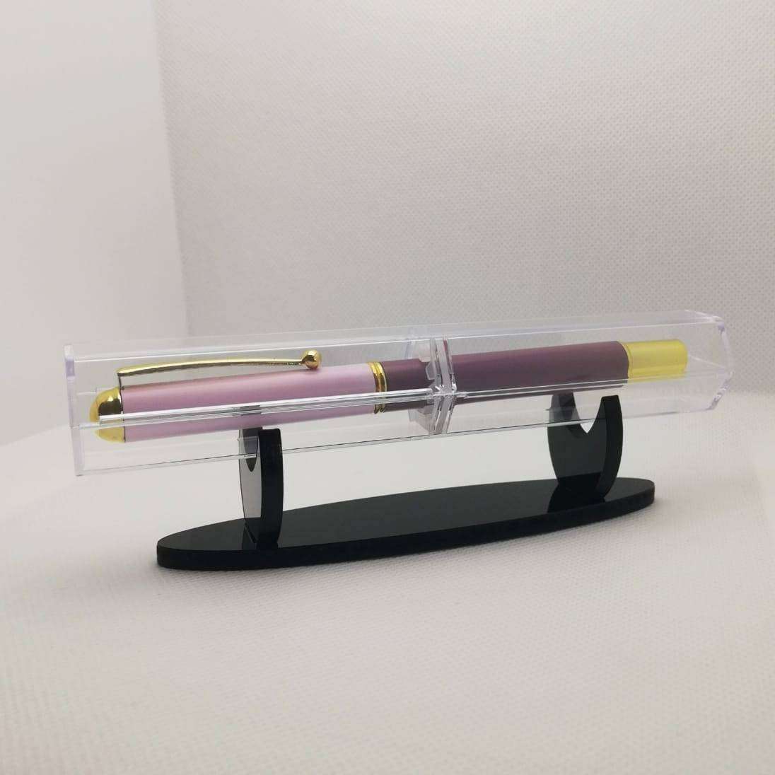 Metal Fountain Pen with Acrylic Case + 10 Black Ink Refills - 0.5 mm Fine-Nib, Pink