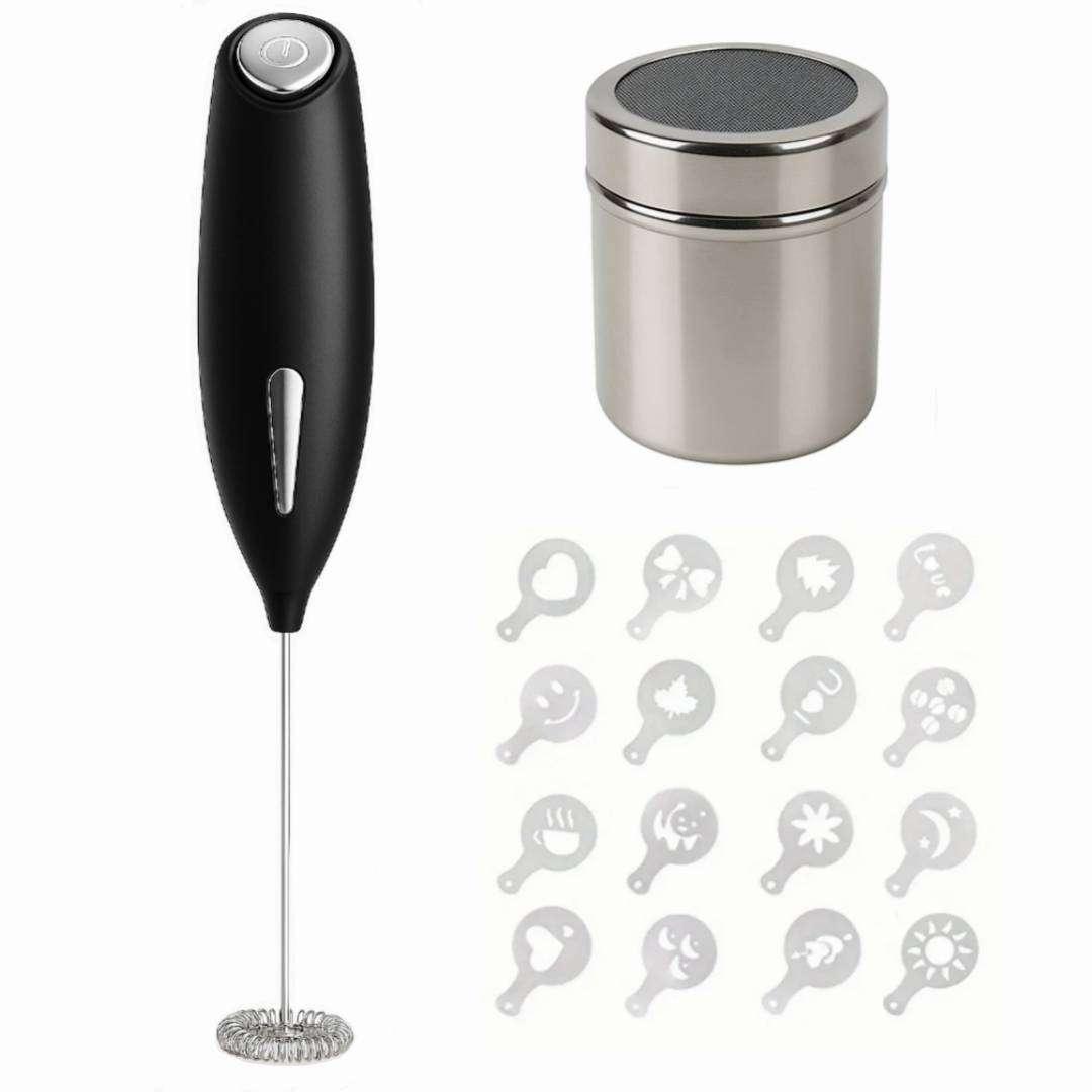 3-Piece Barista Coffee Art Kit | Milk Frother, Cocoa Shaker & 16 Stencils
