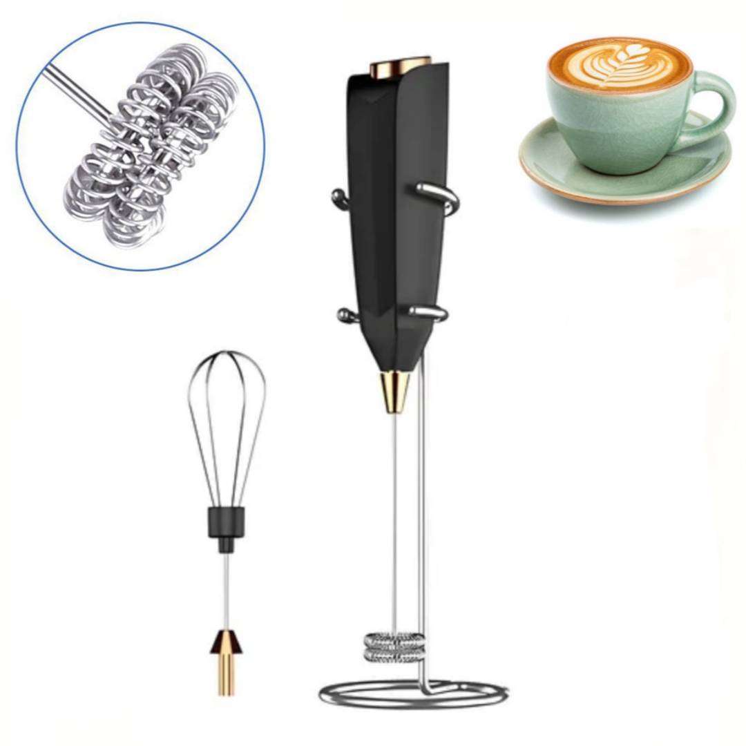 2-in-1 Electric Milk Frother & Mini Egg Beater with Double-Head Whisk + Stainless Steel Stand