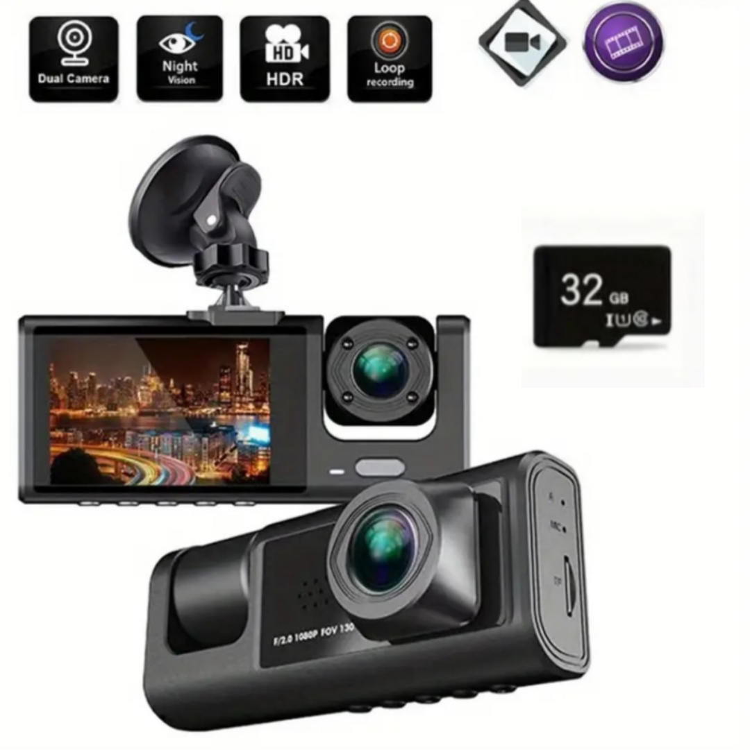 HD Car DVR Dual Lens Dash Cam | 1080P Front + 480P Interior Camera | 32GB Memory Card Included