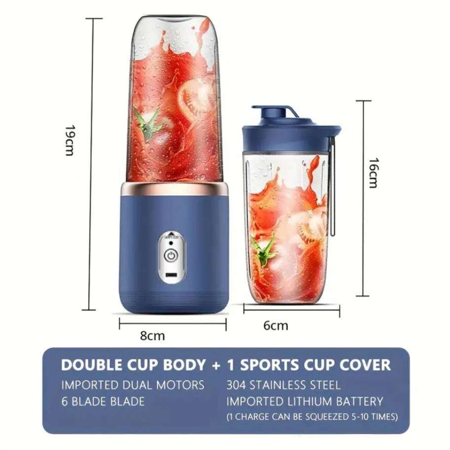 6-Blade 2-in-1 Blender & Juicer | 2 Cups & Lid | Portable USB Rechargeable