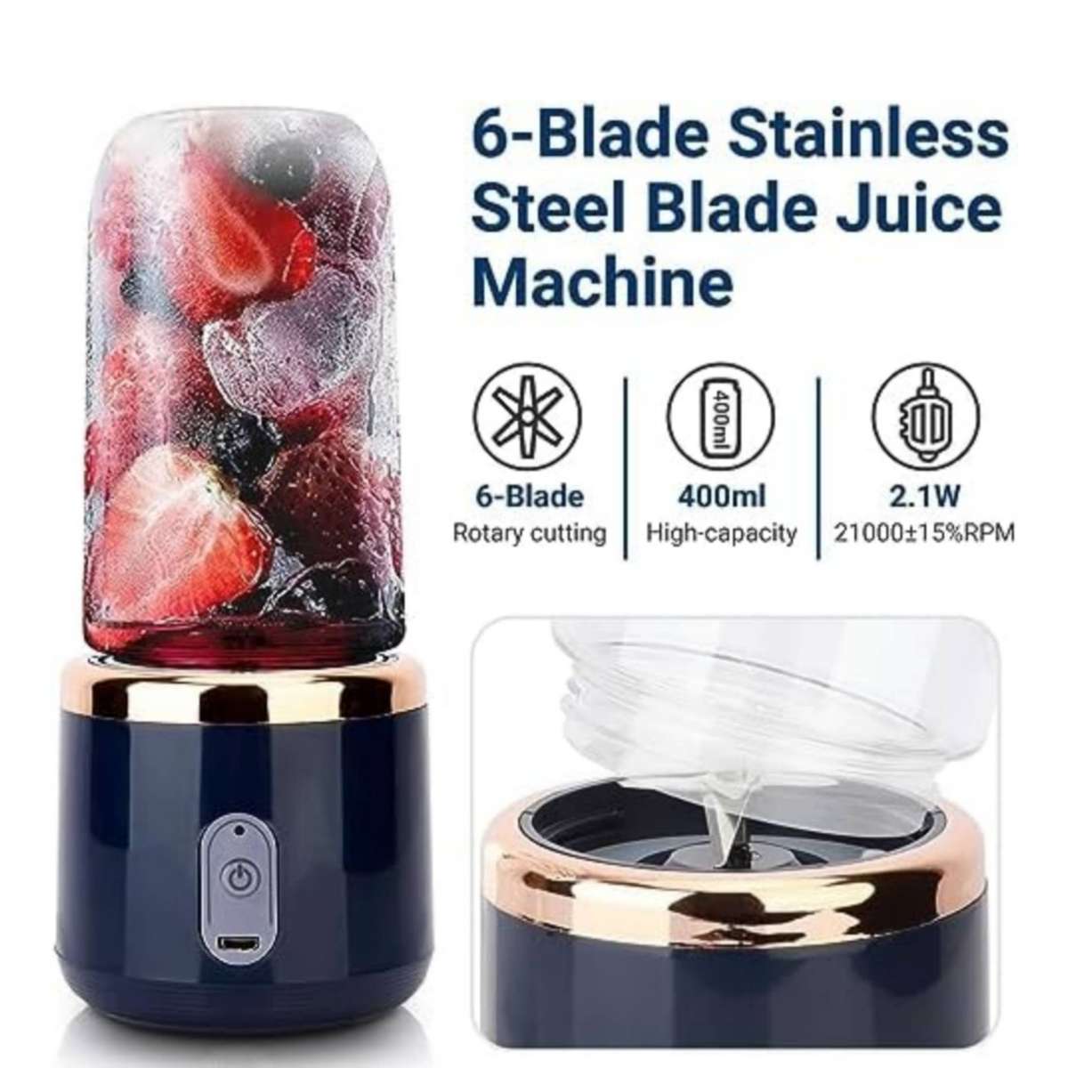6-Blade 2-in-1 Blender & Juicer | 2 Cups & Lid | Portable USB Rechargeable