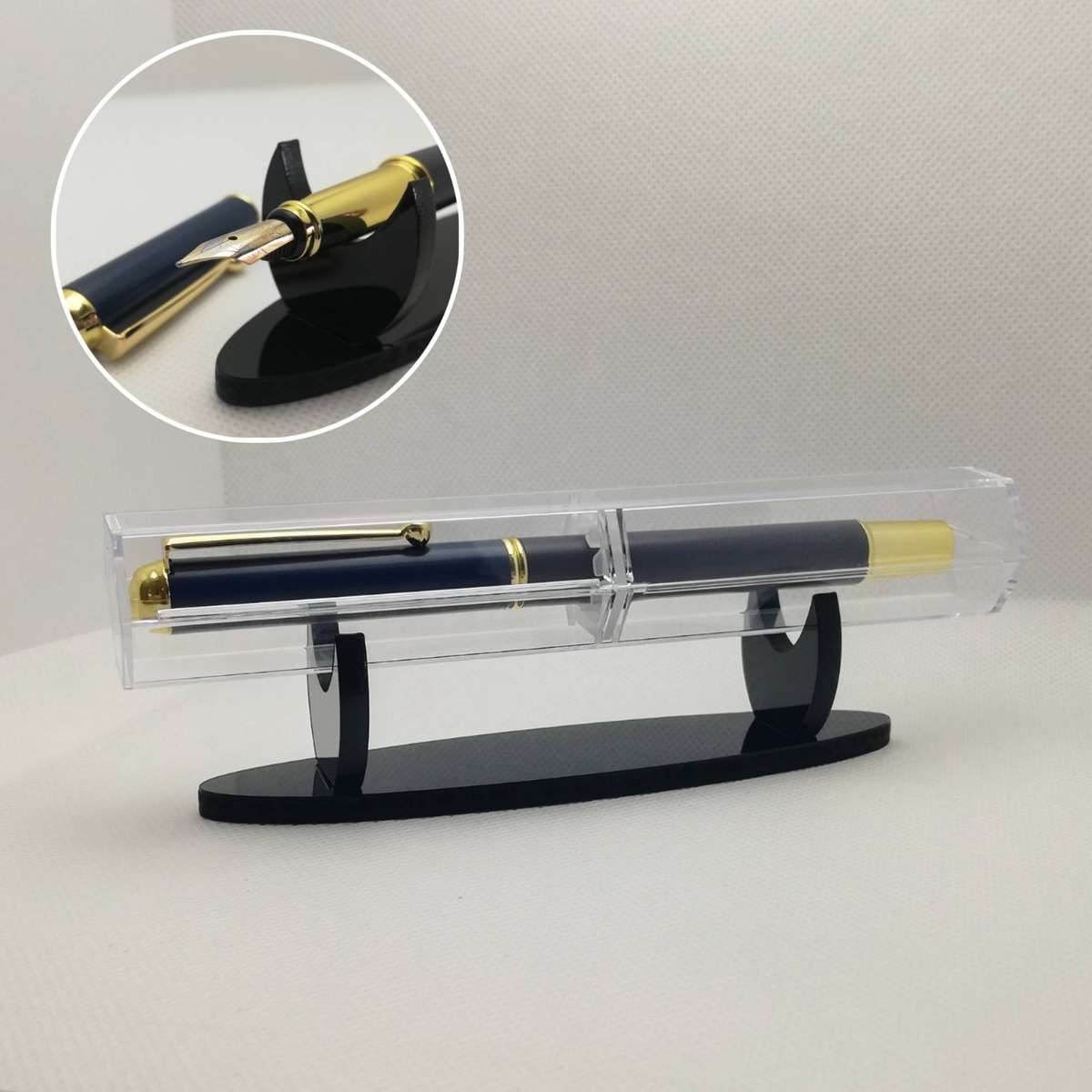 Metal Fountain Pen with Acrylic Case + 10 Black Ink Refills - 0.5 mm Fine-Nib, Blue