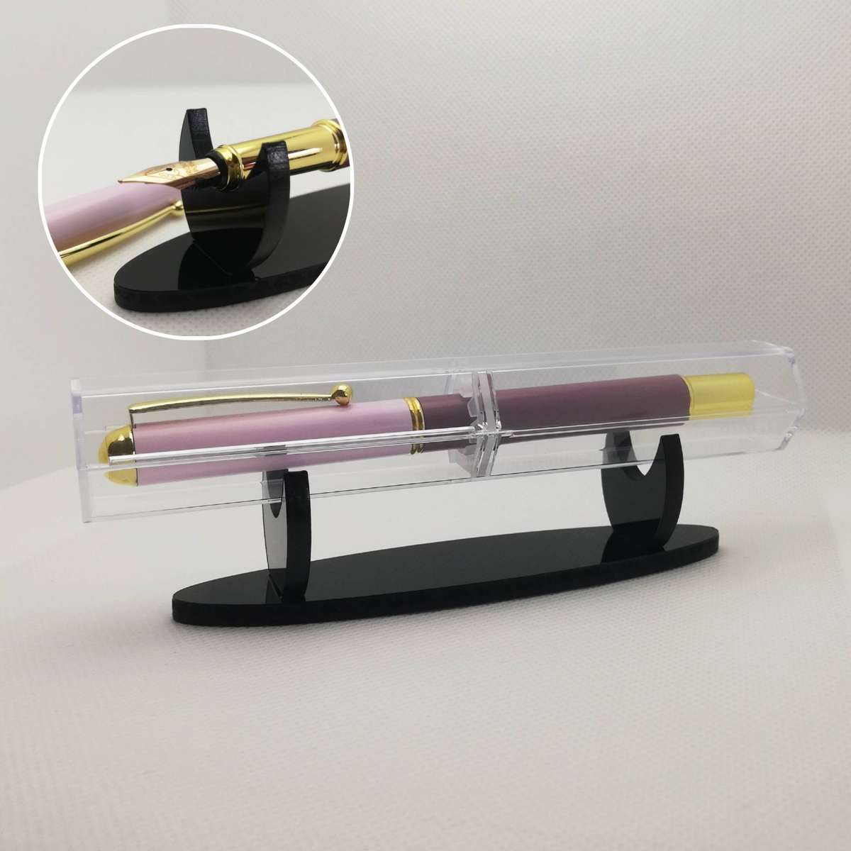 Metal Fountain Pen with Acrylic Case + 10 Black Ink Refills - 0.5 mm Fine-Nib, Pink