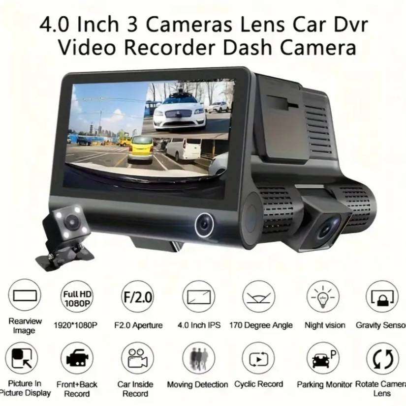 Full HD 1080P Dash Cam  3-Camera System (Front/Inside/Rear) + 64GB SD Card
