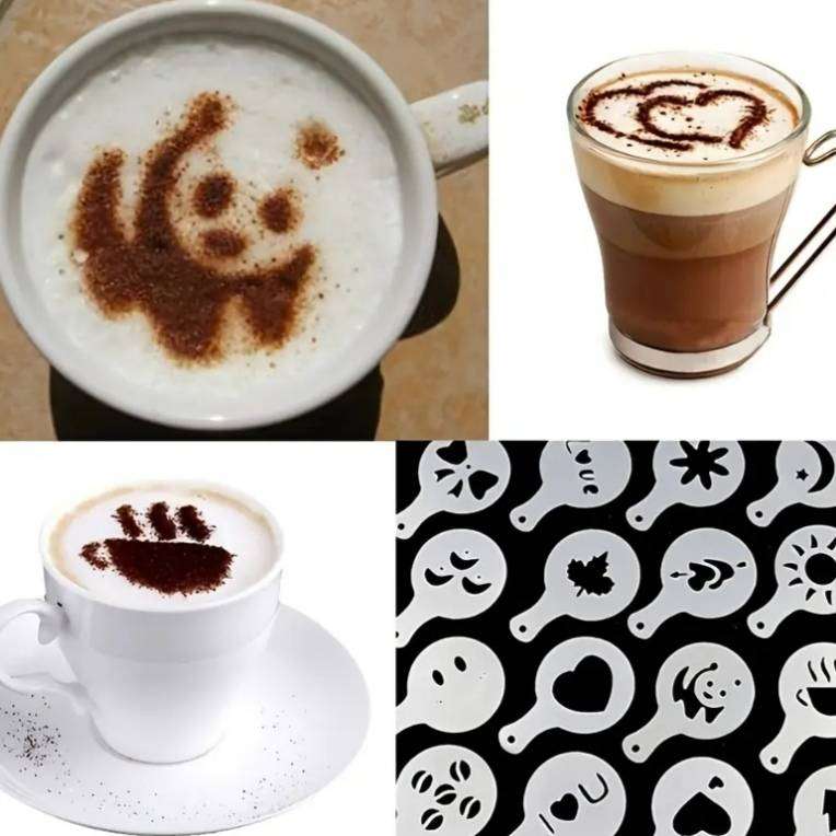 3-Piece Barista Coffee Art Kit | Milk Frother, Cocoa Shaker & 16 Stencils