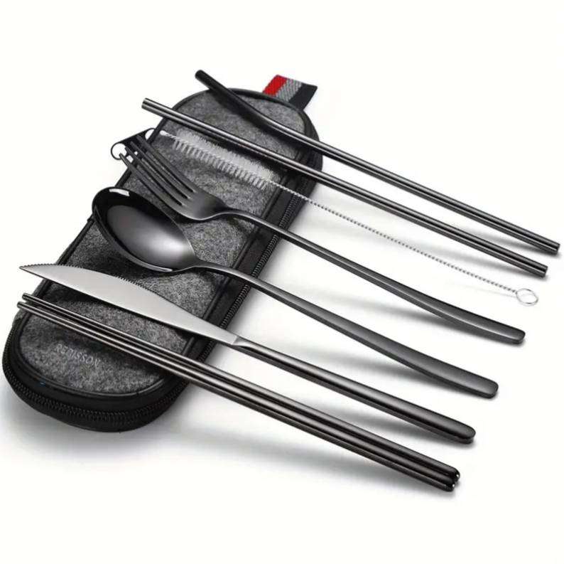 8-Piece Reusable Stainless Steel Portable Travel & Camping Cutlery Set | Black with Pouch