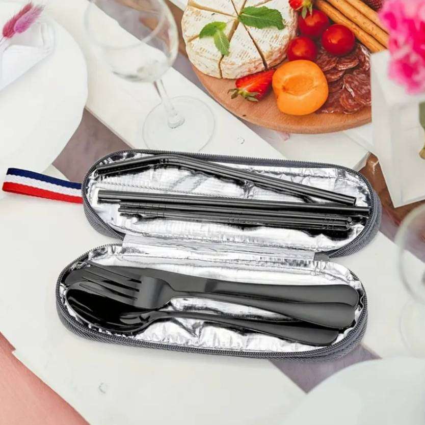8-Piece Reusable Stainless Steel Portable Travel & Camping Cutlery Set | Black with Pouch
