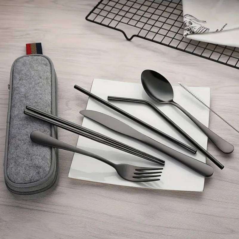 8-Piece Reusable Stainless Steel Portable Travel & Camping Cutlery Set | Black with Pouch