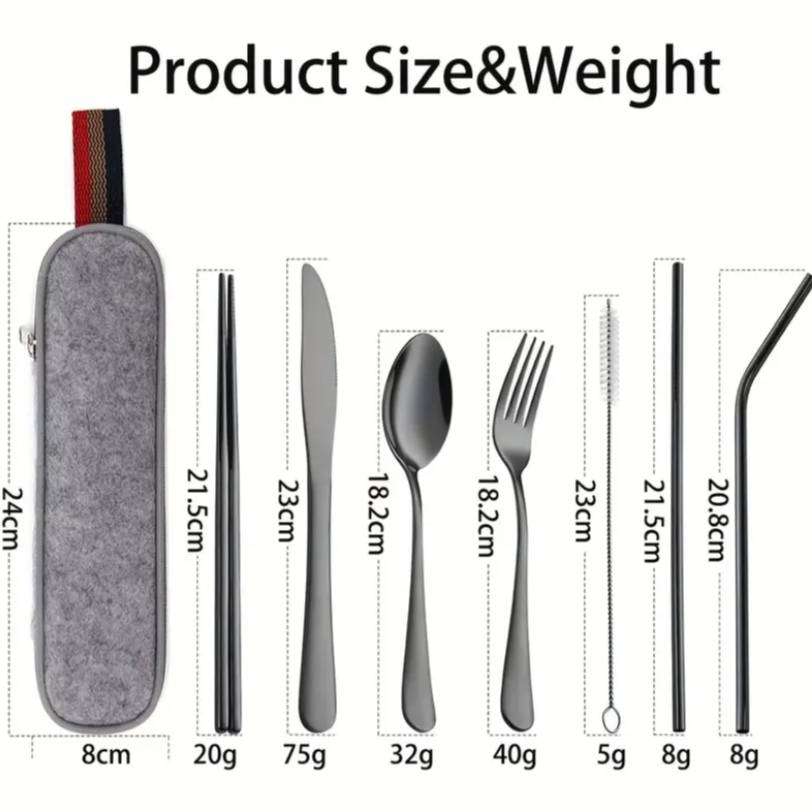 8-Piece Reusable Stainless Steel Portable Travel & Camping Cutlery Set | Black with Pouch