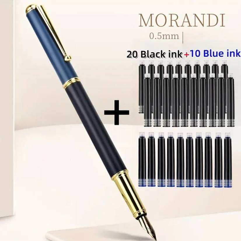 Luxury Fountain Pen + 30 Ink Cartridges (20 Black, 10 Blue) | 0.5 mm Smooth Writing Pen