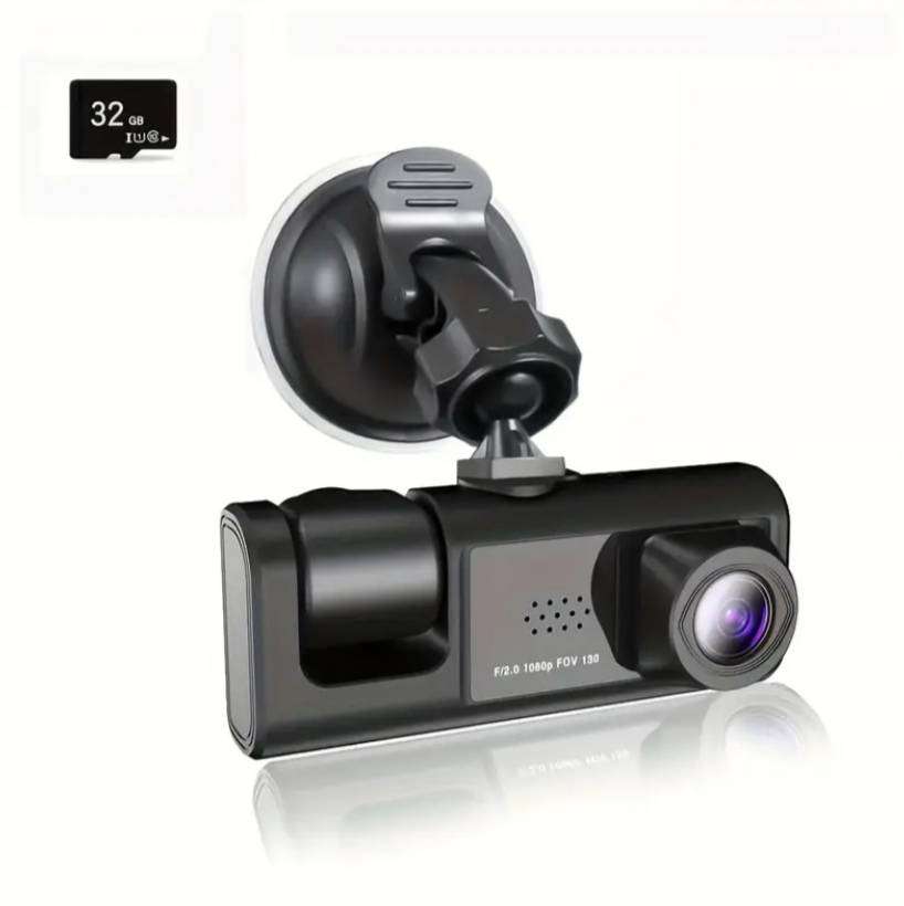 HD Car DVR Dual Lens Dash Cam | 1080P Front + 480P Interior Camera | 32GB Memory Card Included