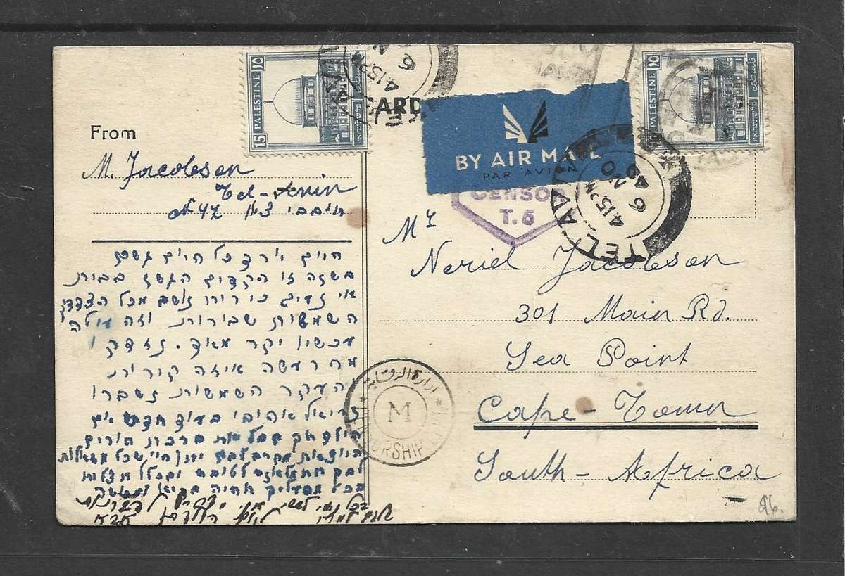 Palestine, postcard, 30m TEL AVIV 6 NO 40 > S.AFRICA, airmail, 2 x censor