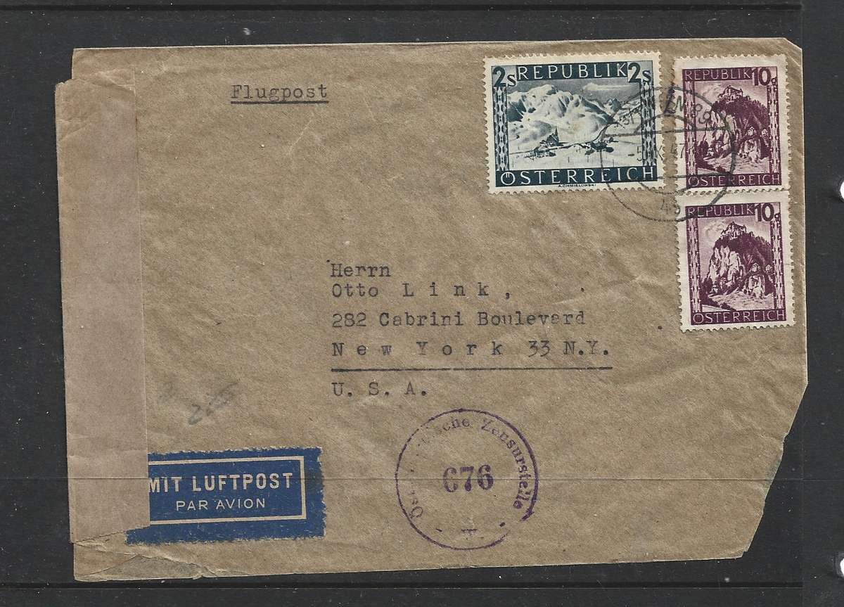 Austria, cover, 2s20g, airmail, 3 WIEN 89 5 X 47 c.d.s. > New York, Austrian Censor 676