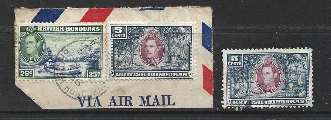 British Honduras, GVIR, 1938 25c, 5c, used on fragment