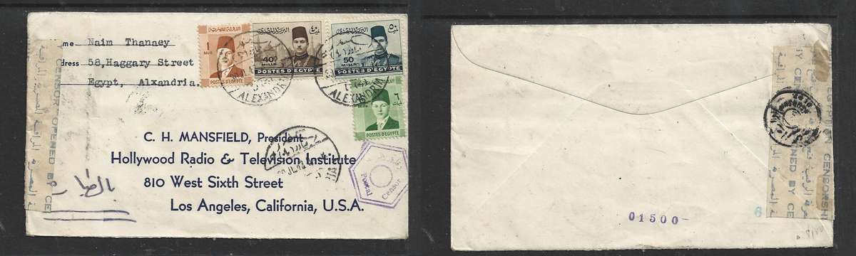 Egypt, 1943, 97 mills, ALEXANDRIA > USA, Censor label, 2 censor marks