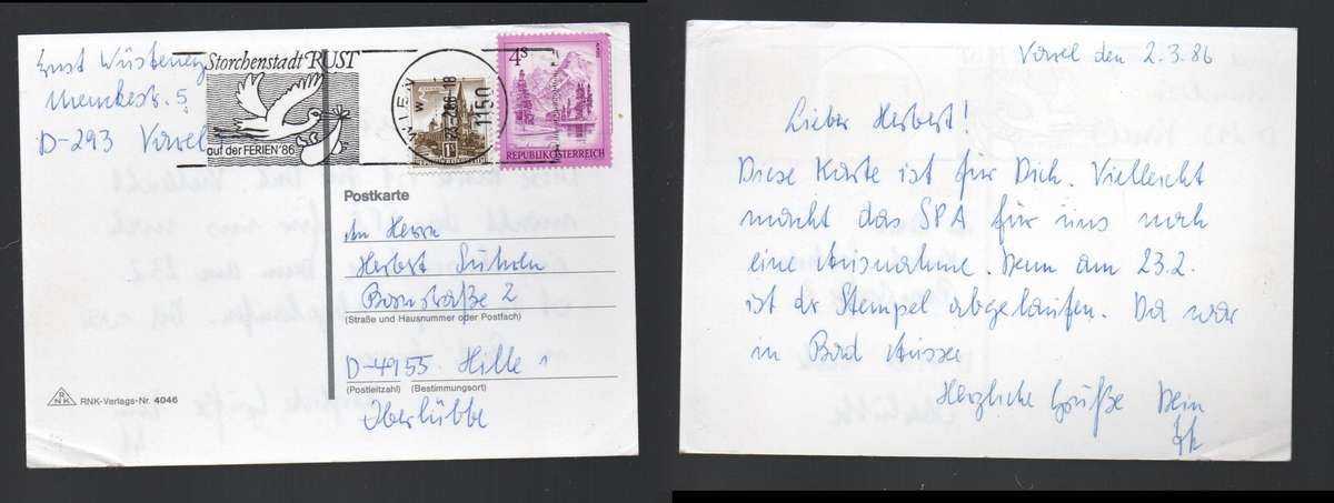 Austria, card, 5s, WIEN 2.3.86 cds + Storchenstadt RUST auf der FERIEN '86 slogan
