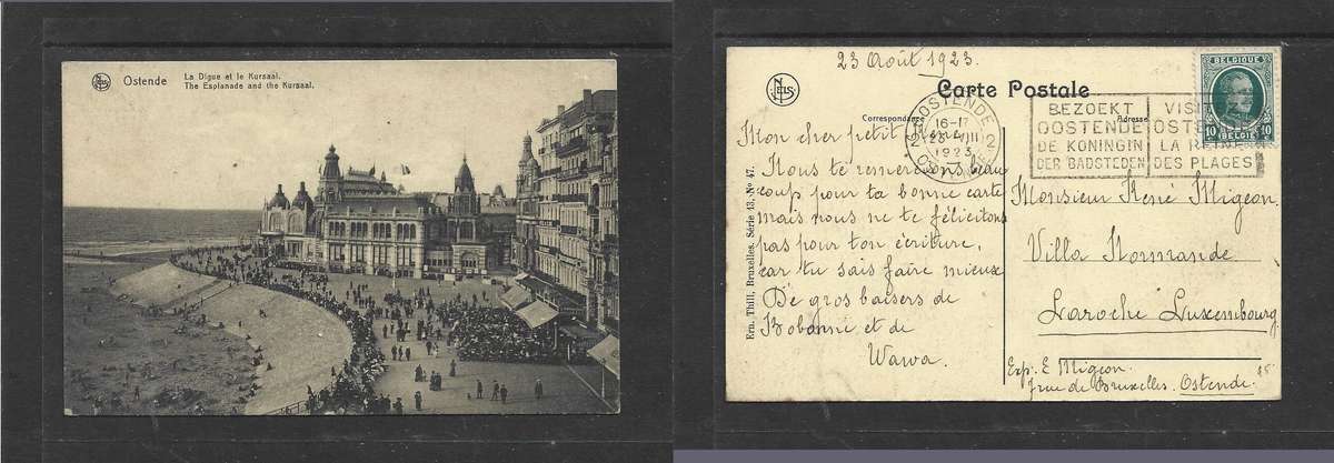 Belgium, Ostend Esplanade & Kursaal, used 10c, 23 August 1923 + slogan VISITEZ OSTENDE. >Luxembourg
