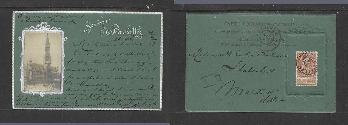 Belgium, Souvenir of Brussels, small real photo set in, used 10c, 1900 > MASTRICHT