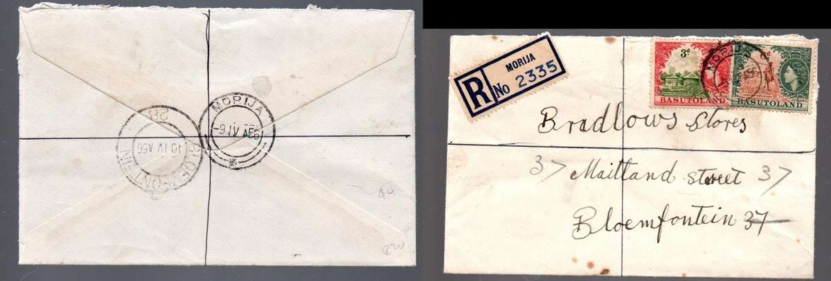 Basutoland, EIIR, cover, 9d, registered MORIJA 9 IV 56 cds, > BLOEMFONTEIN