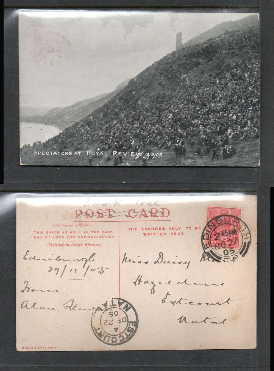 ScotlandSpectators at Royal Review, used 1d EDINBURGH NO 27 05cds> ESTCOURT NATAL S.Afriica