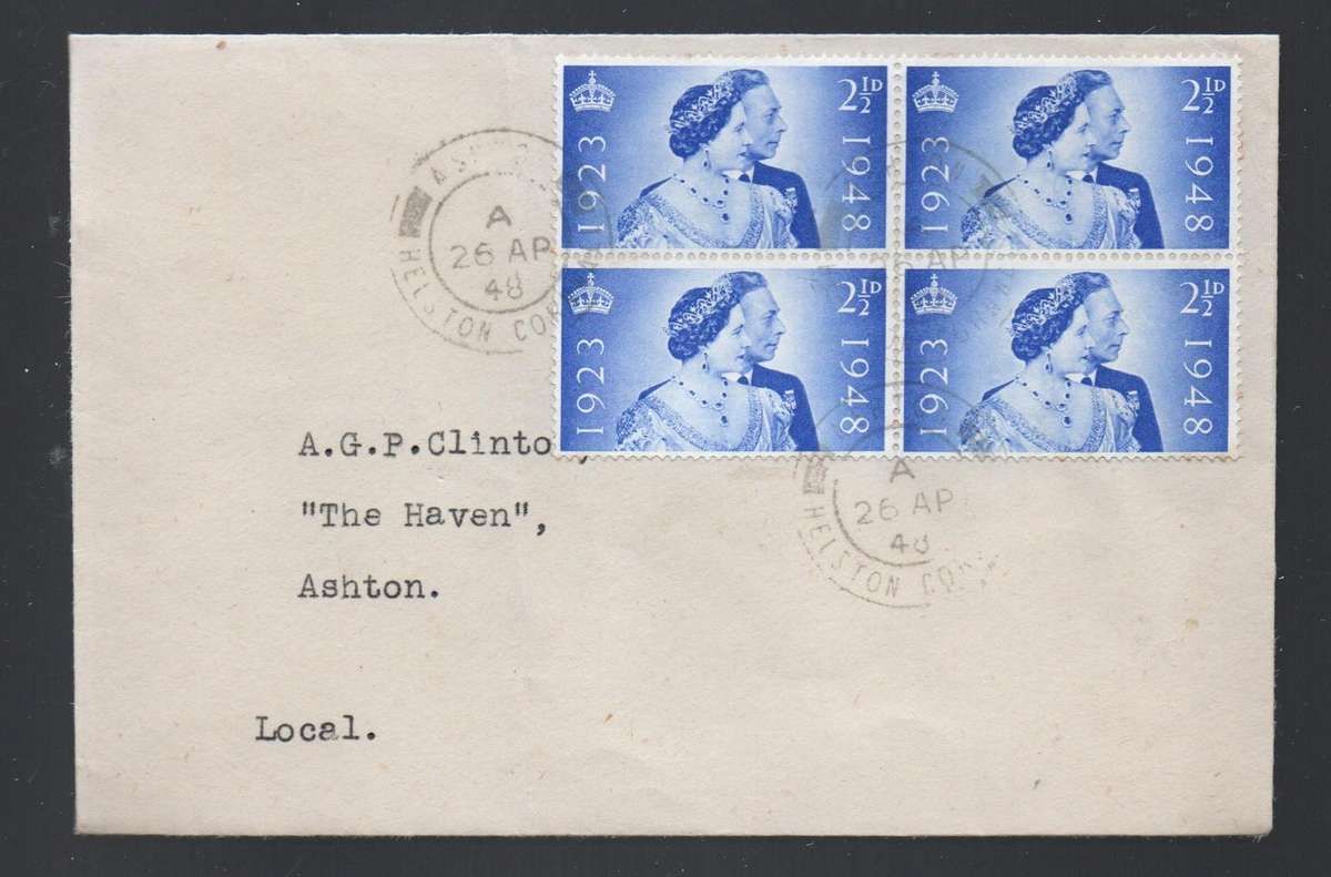 Great Britain, First Day Cover, Silver Wedding, 2 1/2d block of 4, local, ASHTON 26 AP 48 c.d.s.