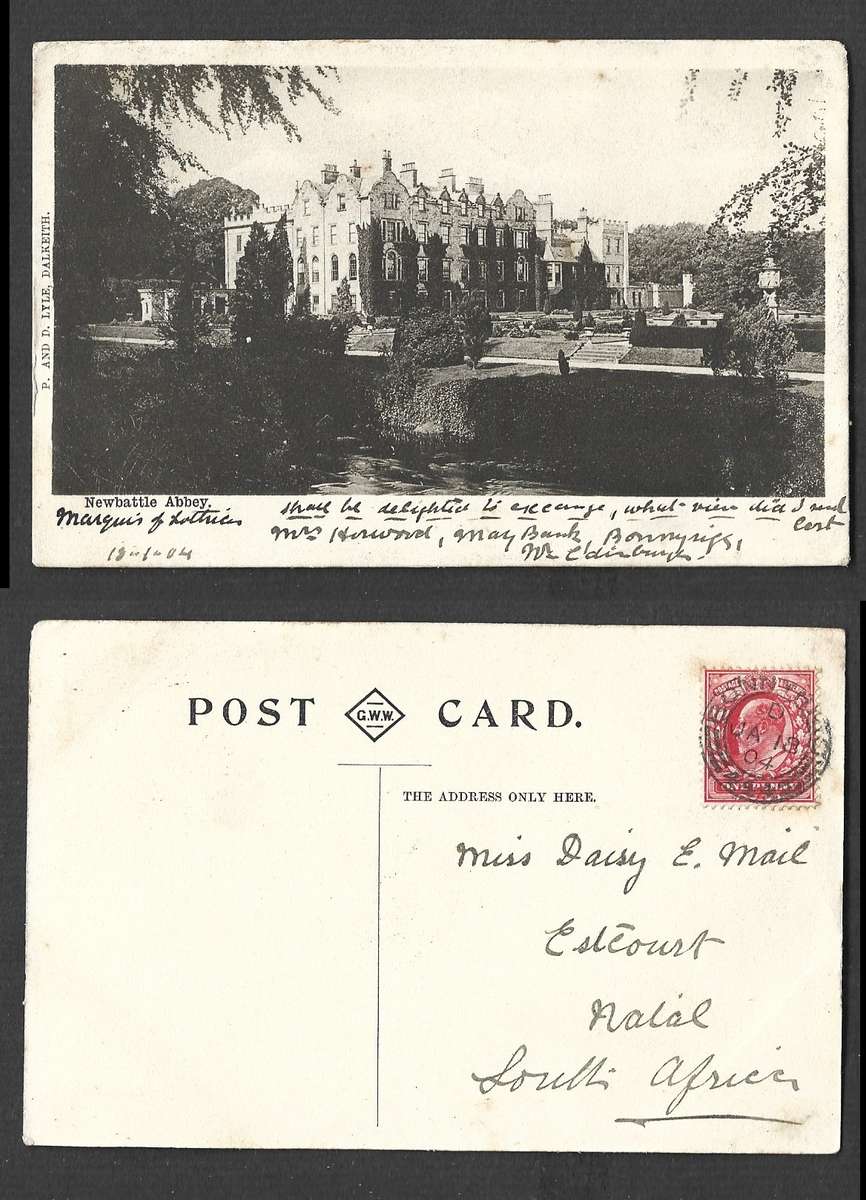 Scotland, postcard, Newbattle Abbey, used 1d, BONNYRIGGJA 18  04 cds > Natal