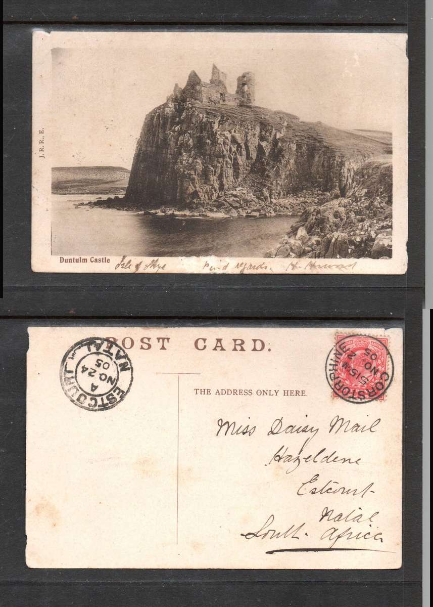 Scotland Duntulm Castle, used 1d,CORSTORPHINE NO 2 05cds > ESTCOURT NATAL, S.Afriica