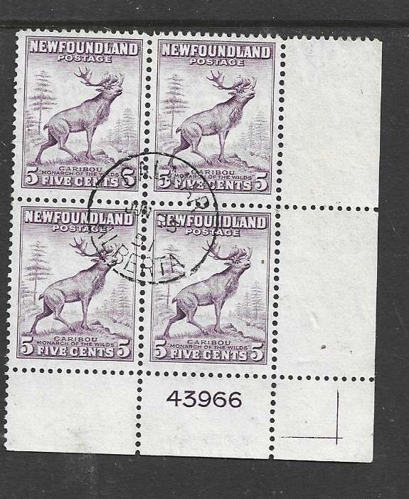 Newfoundland 1941, 5 cents, caribou, block, sheet number used, BALMAR ALBERTA cds