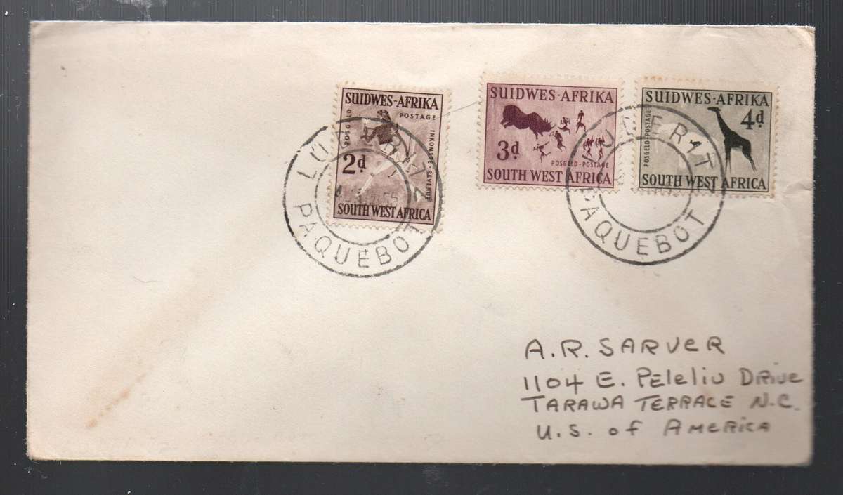 S. W. Africa 9d cover LUDERITZ PAQUEBOT 4 JAN 55 c.d.s >USA