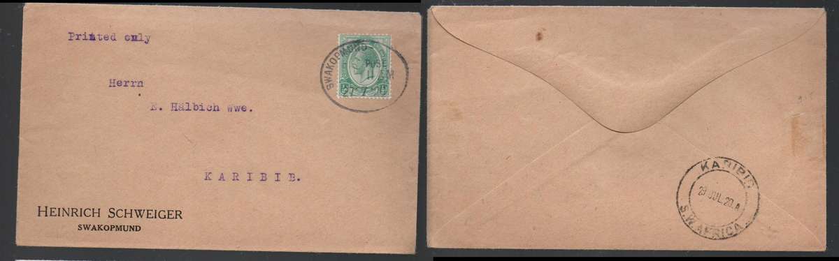S. W. Africa 1/2d of S.Africa on cover SWAKOPMUND 27.7.20 cds > KARIBIB 29 JUL 20.
