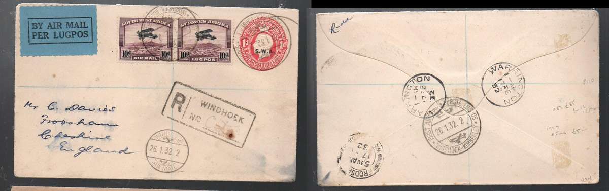 S. W. Africa 1s9d reg 1st Flight cvr(>Kimberly)  WINDHOEK 26.I.32 > FRODSHAM (uk) WARRINGTON transit