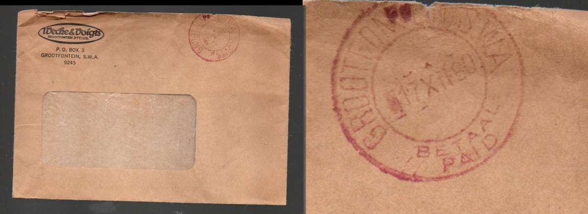 South West Africa GROOTFONTEIN 17 X II 80 BETAAL PAID, pre paid bulk canceller in red.