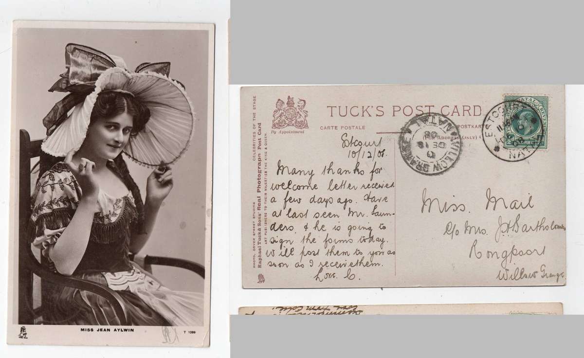 Photo postcard Miss Jean Aylwin, 1/2d, ESCOURT NATAL DE 10 08 cds > WILLOW GRANGE NATAL