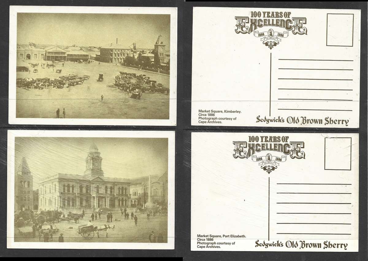 Sedgewick's sherry, 100 years, Market Square Kimberley, Port Elizabeth, postcards