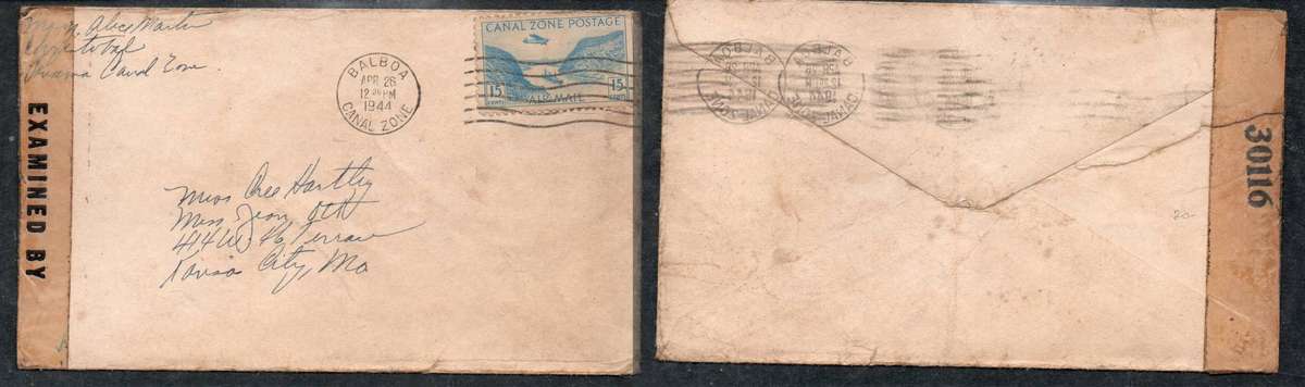 Canal Zone, 15 cents airmail, BALBOA APR 28 1944 c.d.s. EXAMINED BY 30116 tape