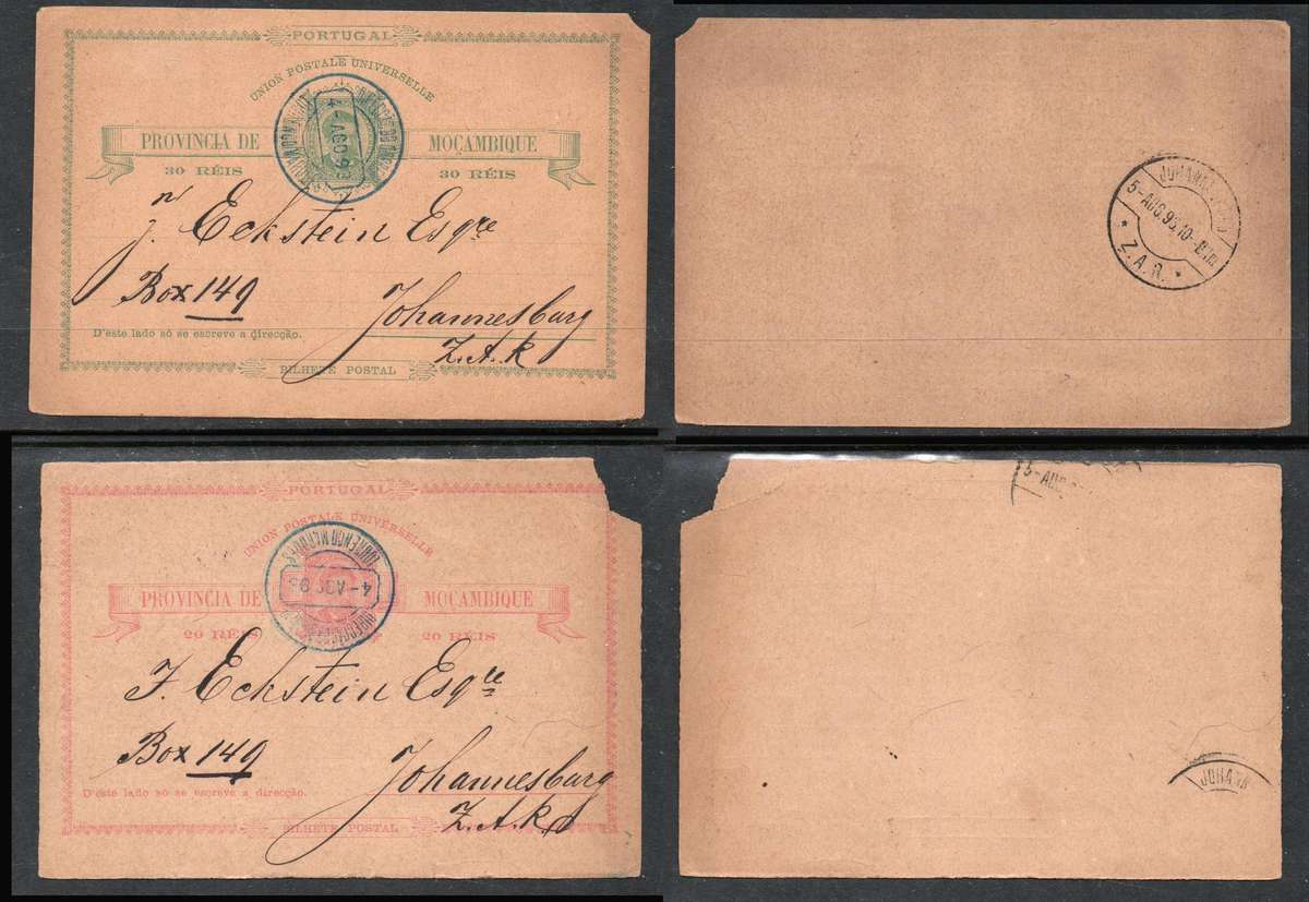 Mozambique, 20R, 30R stationery cards LOURENCO MARQUES 4 AGO 93cds >JOHANNESBURG