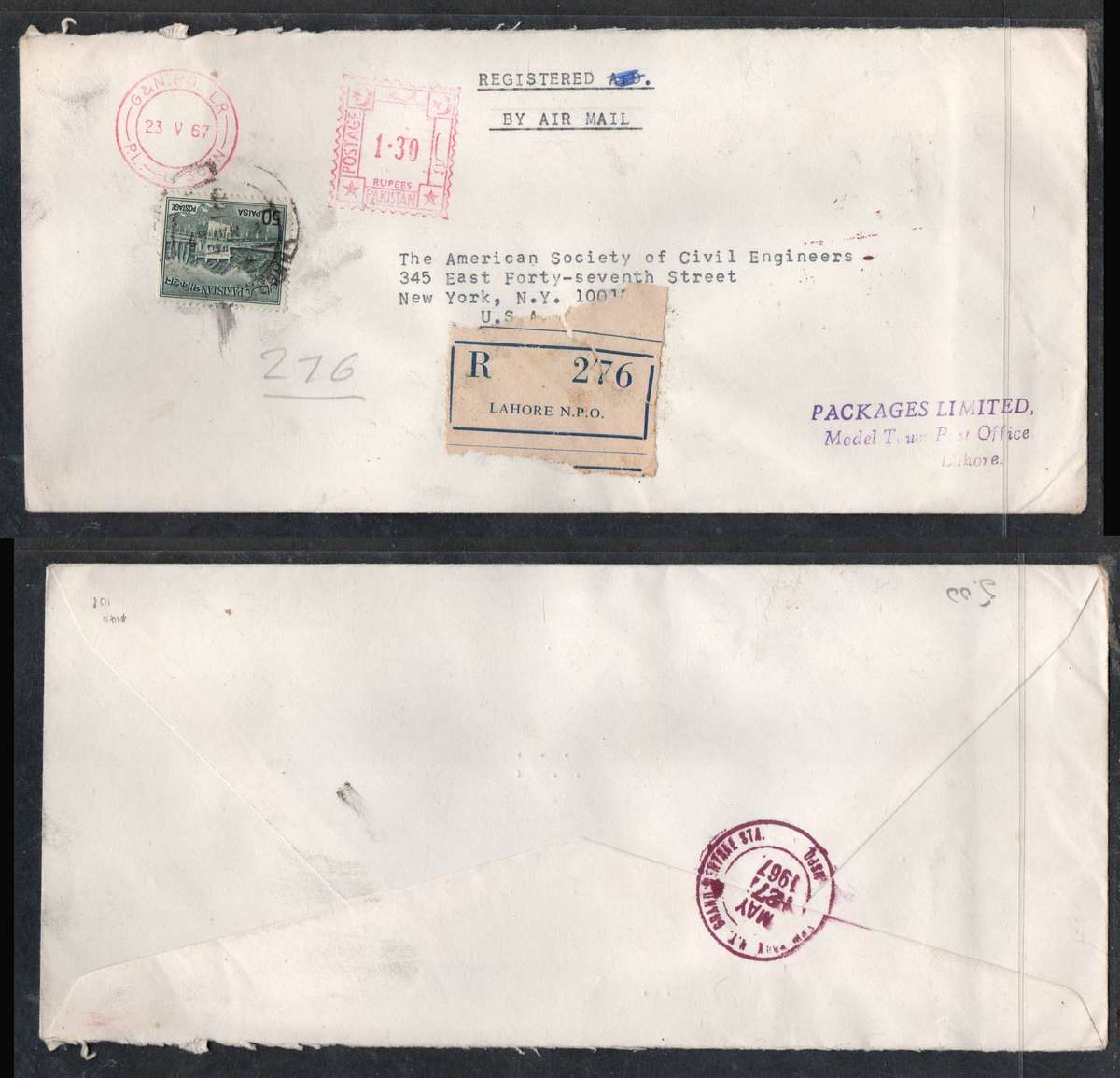 Pakistan, 1967 registered air mail > U.S.A., 1 Rupee 30 paisa  meter frank & 50p adhesive