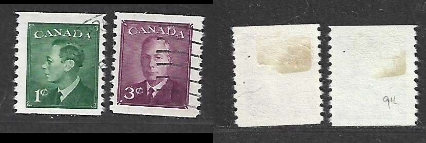 Canada, 1950, 1c, 3c, coils imperf x 9.5, used
