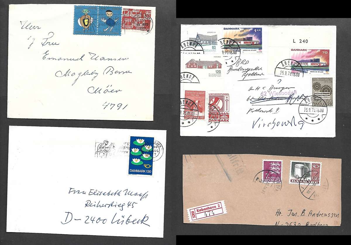 Denmark, late 20thC, 3 covers, 1 fragment, nice stamps