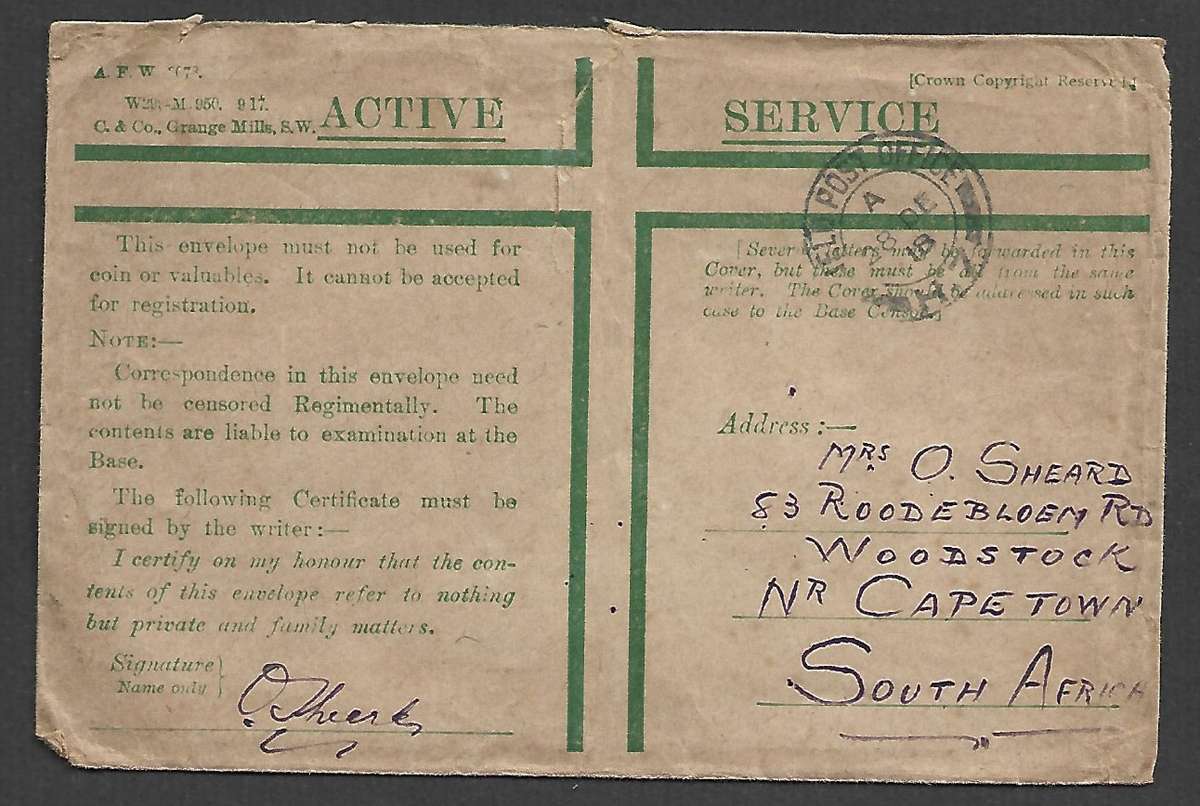 WWI Active Service Honour Envelope FIELD POST OFFICE H7 28 DE 18  (France) cds>S. Africa