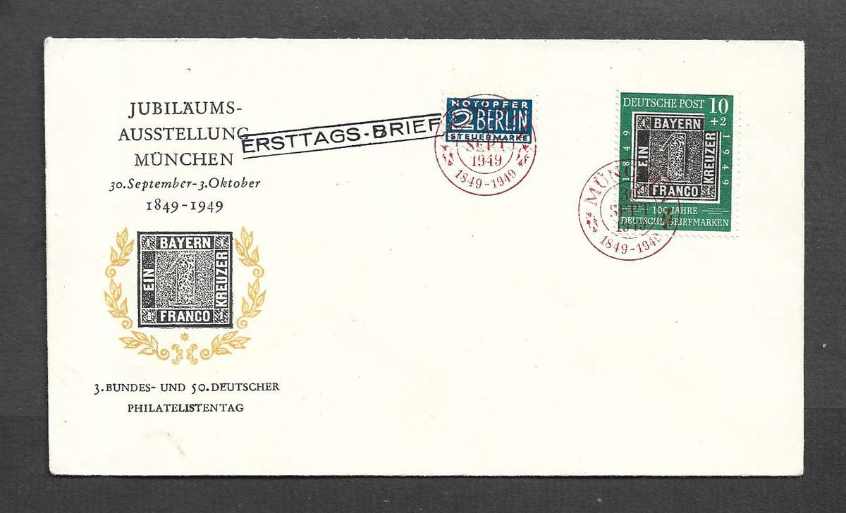 Allied Zone Germany, Stamp Jubilee, 10pf +2pf, Berlin 2pf tax, MUNICH 30 SEPT 1949 special c.d.s.,