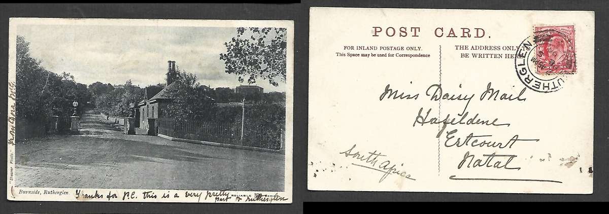 Scotland, post card, Burnside Rutherglen, used 1d, RUTHERGLEN FE 5 04 c.d.s. > Natal